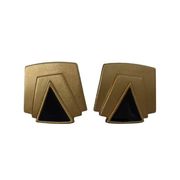 Monet  Gold Plate Black Enamel Curved Trapezoid Art Deco Geometric Clip Earrings - Picture 1 of 3